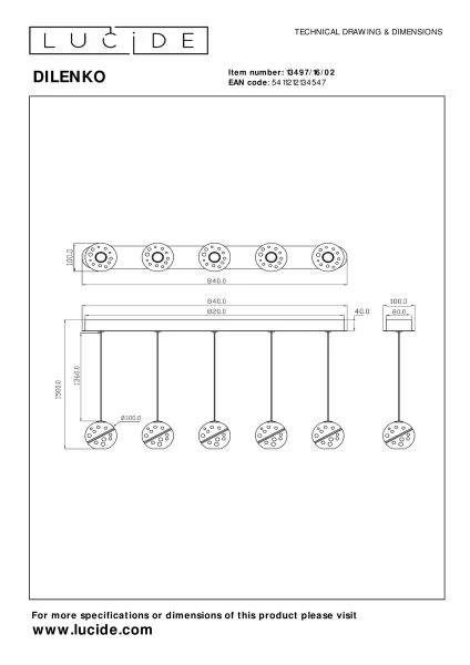 Lucide DILENKO - Lámpara colgante - LED Regul. - 5x3,5W 2700K - Oro mate / Latón - técnico